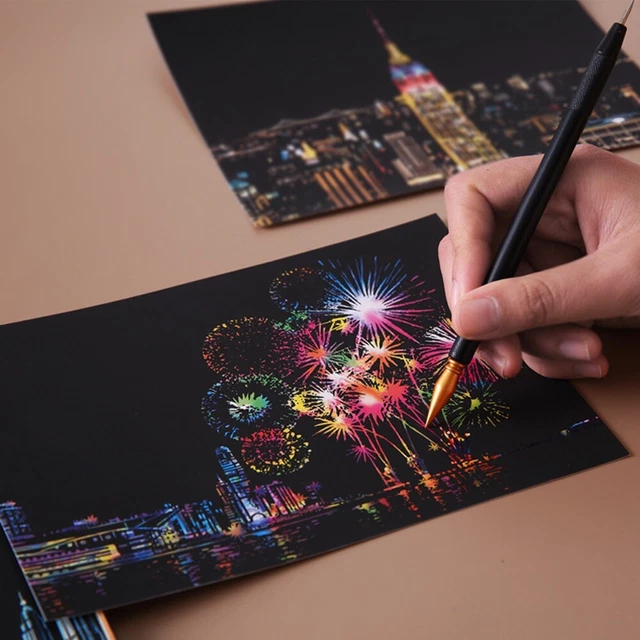 4 niños hágalo usted mismo cuadros de arañazos ciudades escenas nocturnas dibujos de edificios regalos conjunto