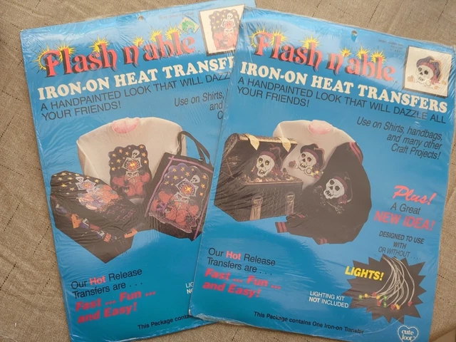 2 Vintage Halloween Flash n-able Hierro en Transferencias Esqueleto Calabazas Gato Pirata
