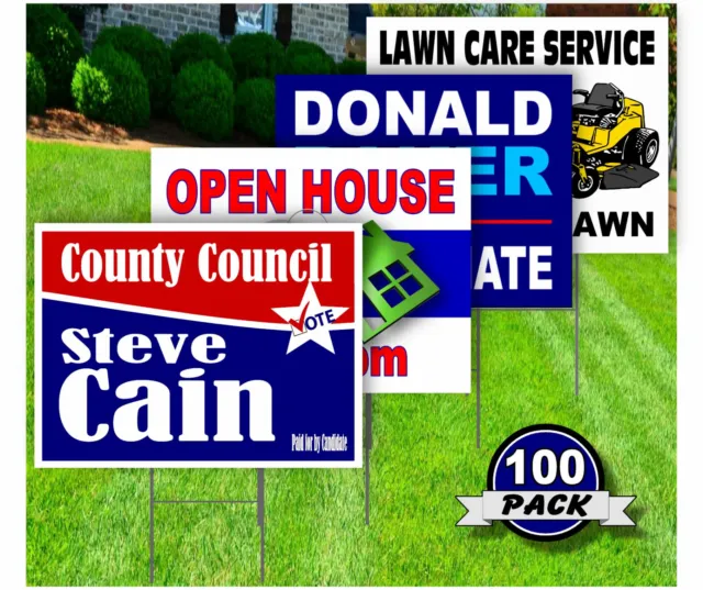 100 Pack- Custom Yard Signs-18x24-Full Color Design-Double Sided-Stakes Optional