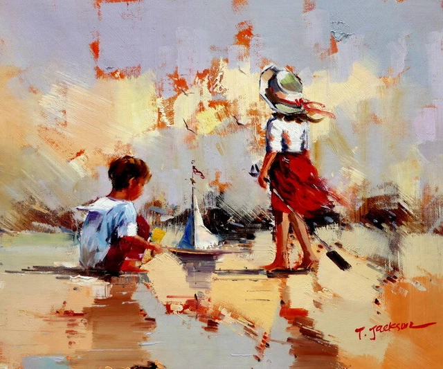 portrait enfant a la plage tableau peinture huile sur toile signée /  children o
