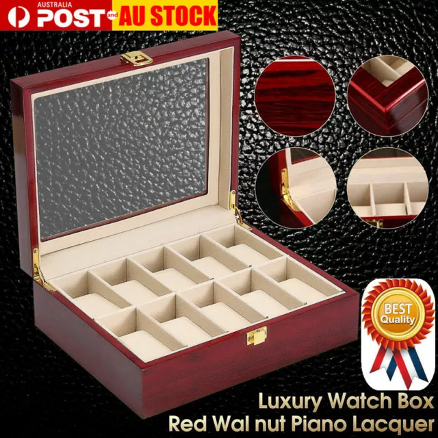 10 Grids Wooden Glass Organizer Watch Case Jewelry Display Storage Holder Box AU