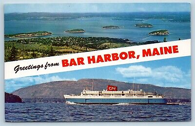 Postcard ME Banner Dual View Greetings From Bar Harbor Maine Vintage #6 O16