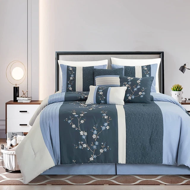 7-Piece Navy Blue Pleated Stripe Floral Cherry Blossom Embroidered Comforter Set