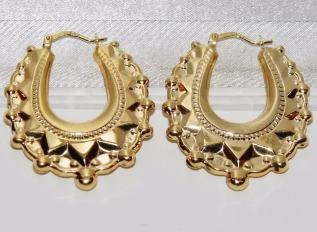 9ct Gold Large Oval Victorian Style Spiked Ladies Creole Hoop Earrings