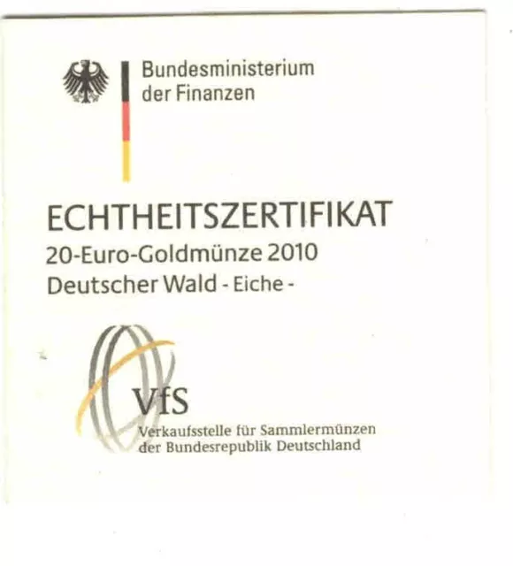 Echtheitszertifikat für 20 Euro Deutscher Wald Fiche 2012 Goldmünze Zertifikat