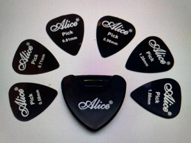 6 Alice Guitar Picks / Plectrums + 1 Holder 0.58, 0.71, 0.81, 0.96, 1.2 & 1.5mm