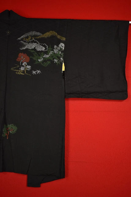 Vintage Japanese Kimono Silk Antique BORO Black HAORI Kusakizome Woven/A637/390 2