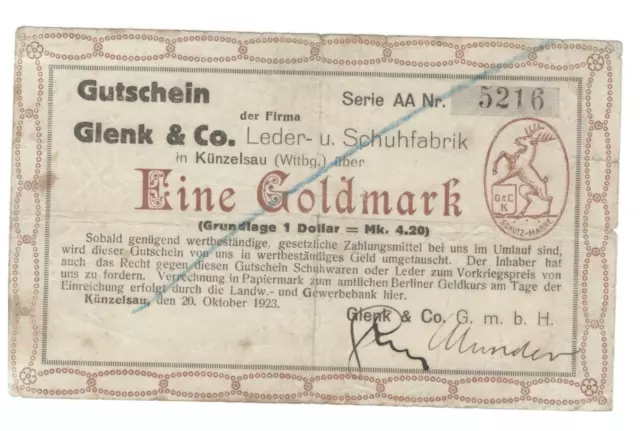 Künzelsau - Glenk & Co.  - 1 Goldmark - 20.10.1923 - Müller 2905.1 #20959