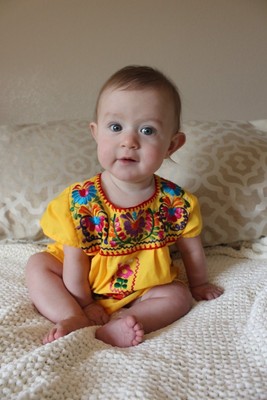Mexican Peasant Girls YELLOW Dress with Multicolored Embroidered flower Sz 3M-2T