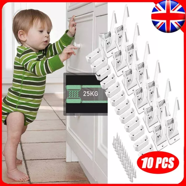 10 Baby Kids Safety Lock Protector Kitchen Cabinet Door Drawer Cupboard Catch UK