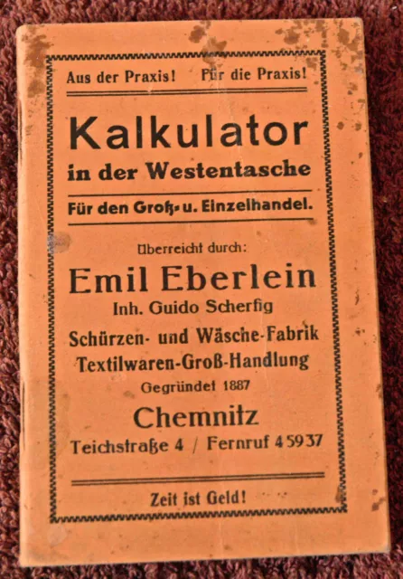 Firma Emil Eberlein Chemnitz, um 1925, Kalkulator in der Westentasche; s. Fotos