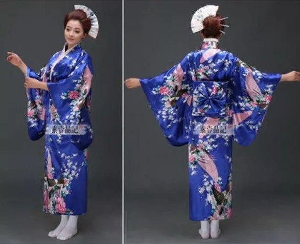 19 Japanese Lady Traditional Kimono Peacock Floral Dress Ball Gown Size Asian