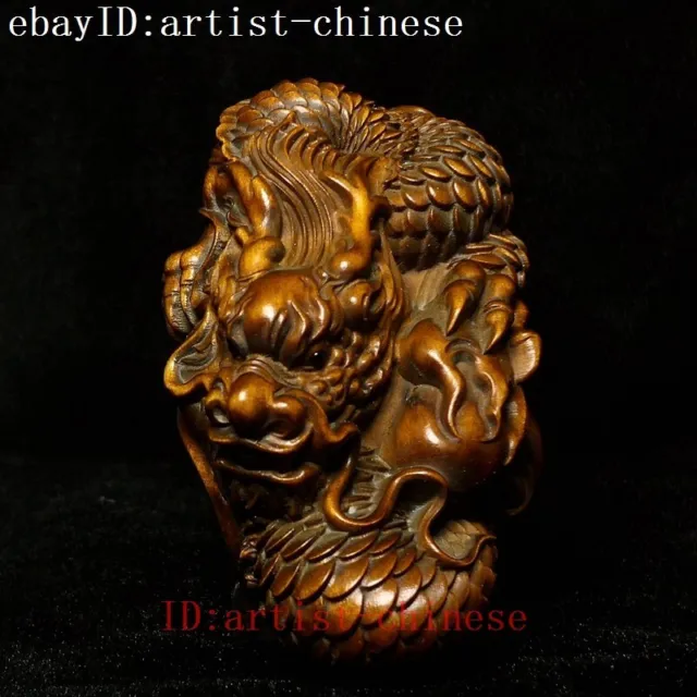 L 3.2 inch Chinese boxwood hand carved Loong Dragon Figure statue netsuke gift