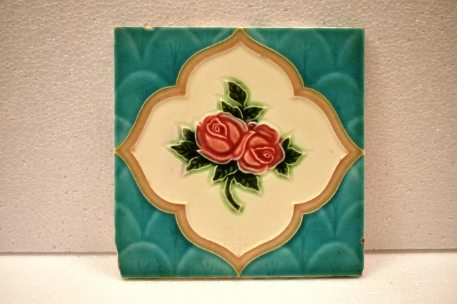 Antique Tile Japan Majolica Art Nouveau Porcelain Floral Rose Architecture "J71