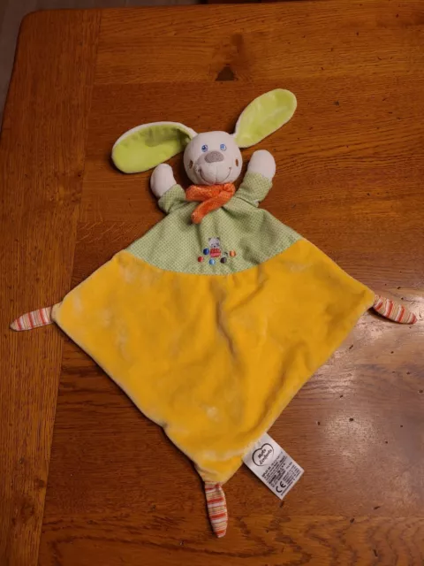MOTS D'ENFANTS doudou lapin plat jaune vert ours balle 3 nœuds  ÉTAT NEUF