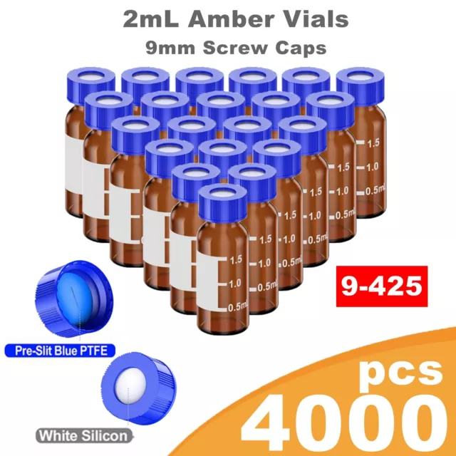 2mL Autosampler Vial Amber Glass Flat Bottom HPLC GC Pre-Slit Screw Caps 4000pcs