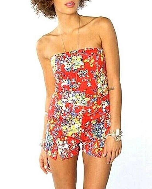 UK Brand Playsuit Shorts Jumpsuit XS Motel Rocks Red Ditsy Floral Twix Romper