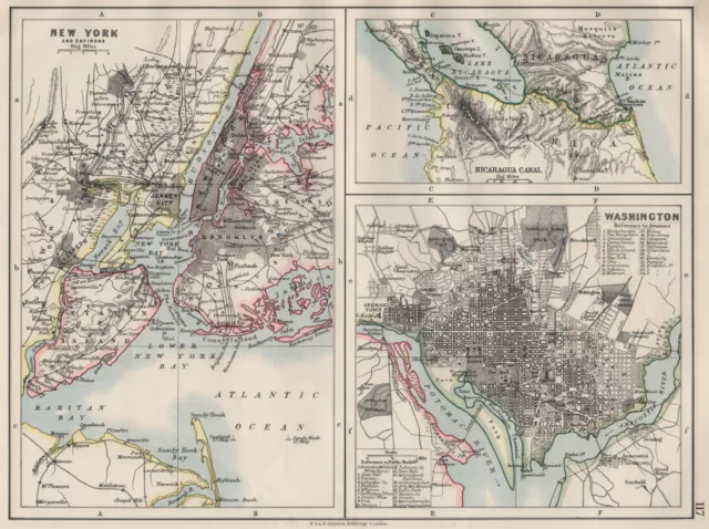 US CITIES/NICARAGUA CANAL.New York & Washington plans.  JOHNSTON 1900 old map