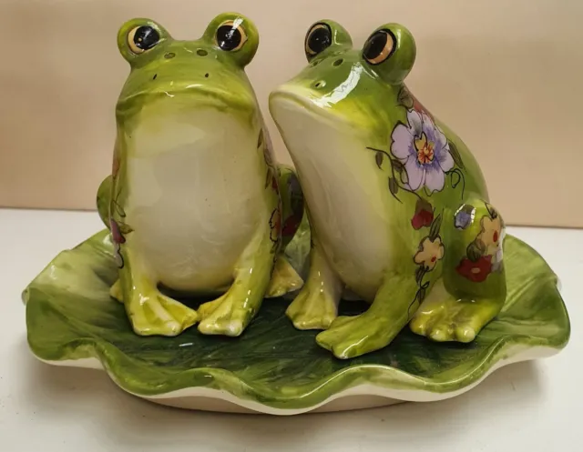 Vintage Pair of Flower Decorated Frogs Salt and Pepper on Lily Pad Tray 9cm Tall