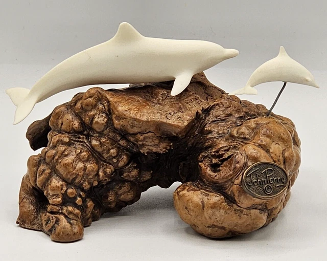 John Perry Vintage Beautiful Burl Wood Sculpture with 2 White Dolphins  3" Tall
