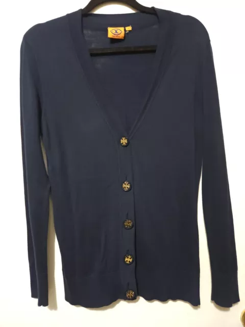 Tory Burch Simone Front Button Cotton Cardigan Sweater NAVY Women Size Medium