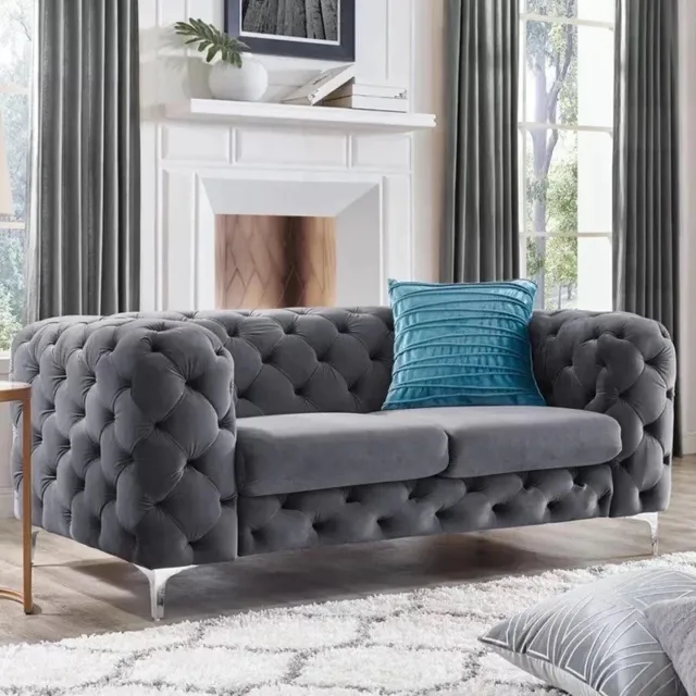 Chesterfield Sofa Velvet 2 Seater Couch Tufted Suite Grey Velvet