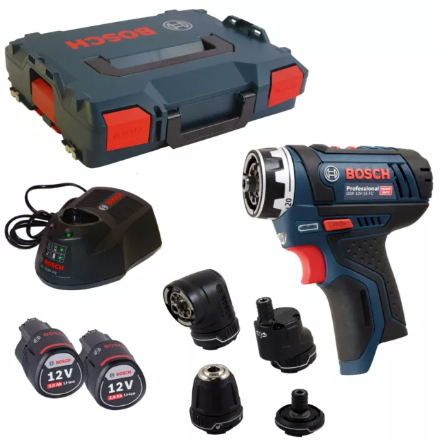 Bosch Akku-Bohrschrauber GSR 12V-15 FC 2x 2,0 Ah-Akkus + L-BOXX + 4 Aufsätze