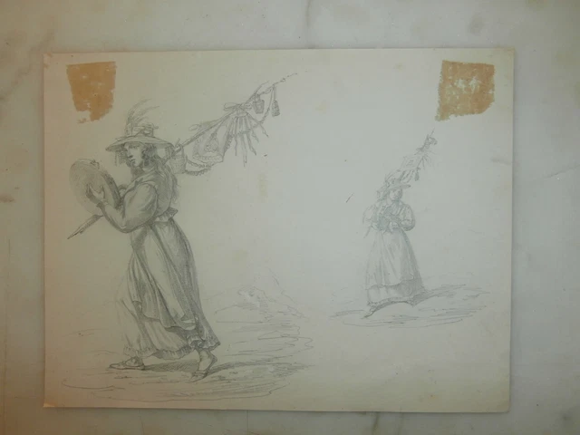 ANTICO DISEGNO A matita 21,5x17 cm donna popolana dell'800 vestita