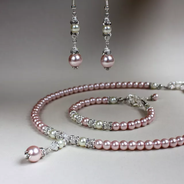 Pink cream pearl crystal collar necklace bracelet earrings wedding jewellery set