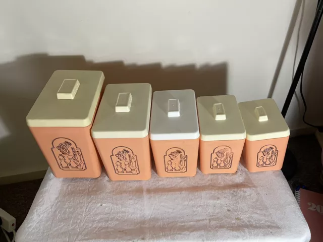 vintage pink plastic canisters x 5 Australian made circa 1950/60 EUC