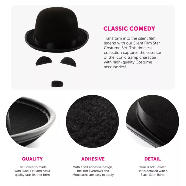 Silent Movie Costume Set Classic Bowler Hat Moustache Mens 1920s Fancy Dress 2