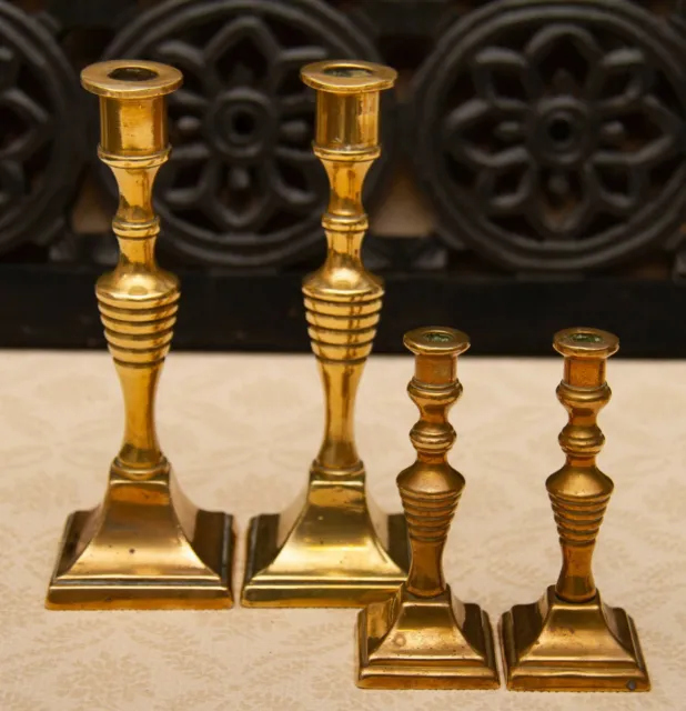 Two Pairs of Antique Brass Candlesticks Dinner/Taper Candle Holders