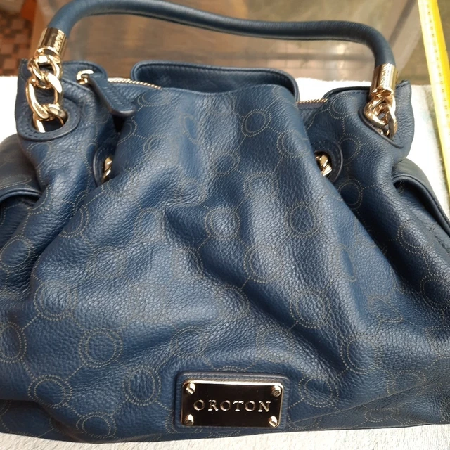 OROTON VENICE HOBO Gather Tote Blue Leather Gold Chain Hardware