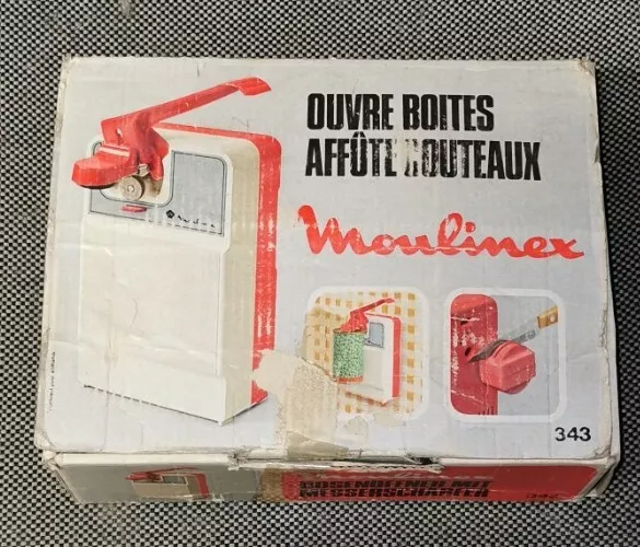 Superbe ouvre-boîte affuteur blanc et orange fonctionnel en boite MOULINEX 1977