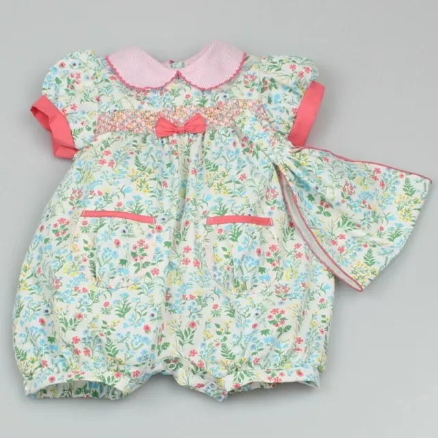 Baby Girls Flowers Romper & Bandana Hat Set Bow  Pink Blue Green  0-3-6-9 Months