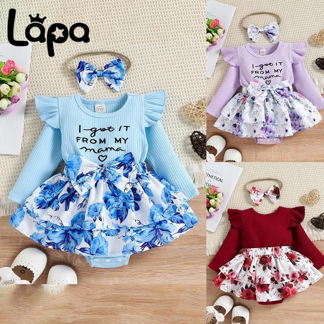 Infant Baby Girl Floral Ruffle Ribbed Romper Set Long Sleeve Bow Dress Headband