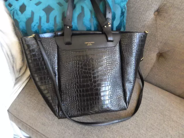 Christian Villa Milano Black Moc Croc Leather Large Tote Bag W/Long Strap