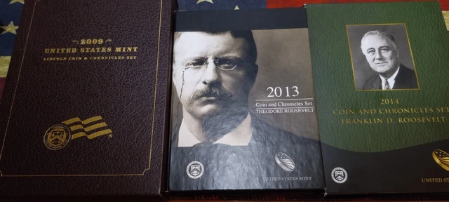 Lot of 3 Coin and Chronicles Sets. 2009 Lincoln, 2013 T. Roosevelt, and 2014 FDR