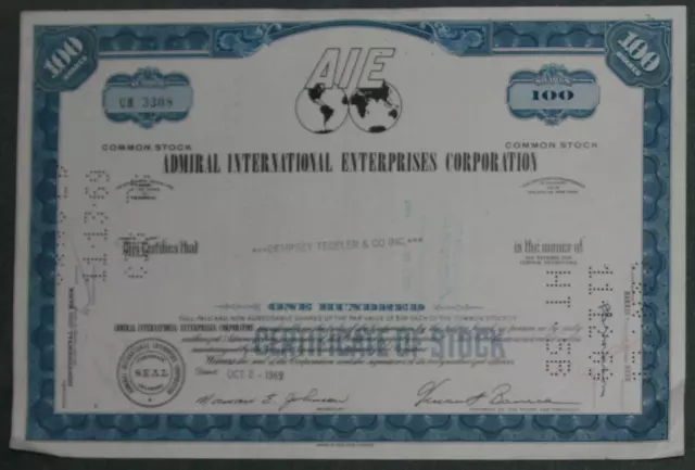 Admiral International Enterprises Corporation 1969 100 Shares