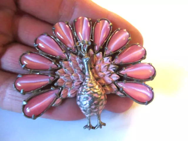 Antique Art Deco pink glass peacock brooch pin Antique Art Deco pink glass peacock brooch pin