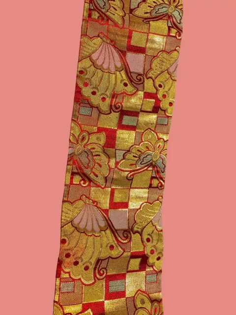 Vtg. Japanese Kimono Fukuro OBI Art Deco Gold Thread Butterflies Ribbon Runner