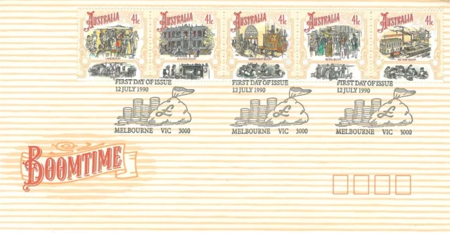 1990 Australian Stamps - Boomtime Strip of 5 FDC  Lot 2