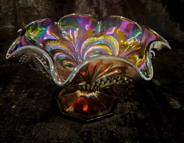 VINTAGE LARGE PEACOCK AMETHYST CARNIVAL GLASS COMPORT BOWL - Hobnail Diamond 3