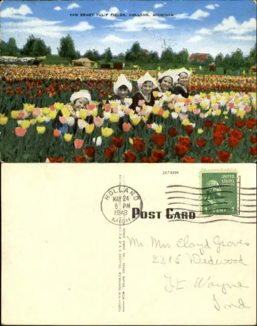 Van Bragt Tulip Fields Holland Michigan MI dutch hats mailed 1948 old postcard
