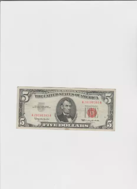 1963 Five Dollar RED Seal Note United States Note Old US Bill $5 Lightly Circ