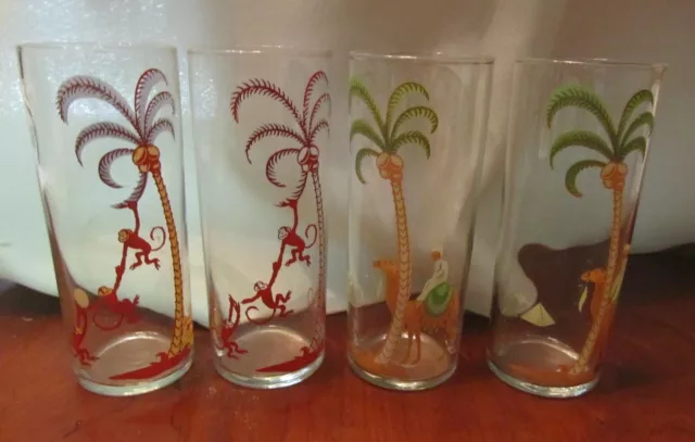 Vintage Libby Highball Glasses Set of 4 Monkeys in Palm Trees, Camels, Tropical