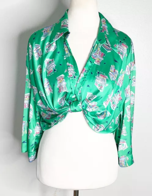 ZARA Knotted Front Green Novelty Printed Shirt Size Medium