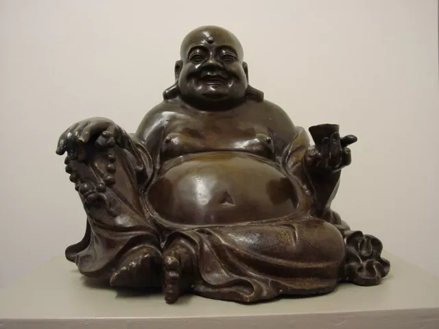 OLD CHINESE QING DYNASTY INLAID BRONZE FIGURE OF THE BUDDHA MONK 'HOTEI'. 18th C