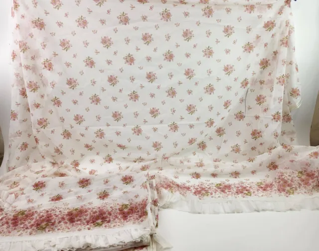 Pair Sheer Pink Flowers Floral Curtain w/ Ruffled Edge Gather Pleat Tape 70"x48"