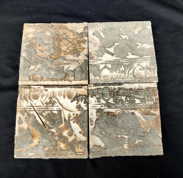 Vintage Garland Design Embossed Nouveau Architecture Furniture Tiles Japan 4Pcs 5